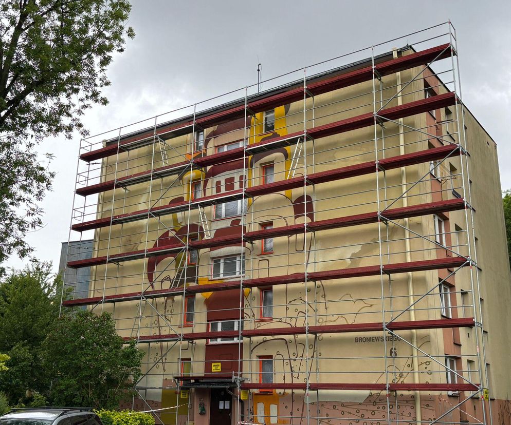 Budnek przy ul. Broniewskiego na którego ścianie powstaje mural 